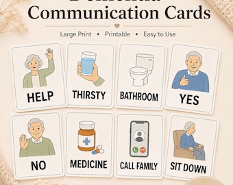 Dementia Communication Cards Printable, Alzheimer’s Communication Aid, Caregiver Flashcards for Elderly, Large Print Visual Cue Cards