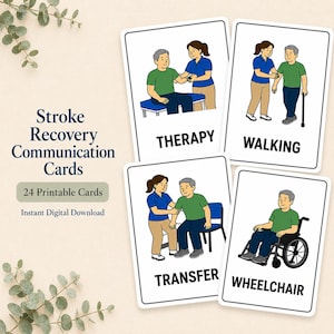 Puede incluir: Un conjunto de tarjetas de comunicación para la recuperación de accidentes cerebrovasculares con 24 tarjetas imprimibles. Las tarjetas muestran ilustraciones de personas en varios escenarios con etiquetas como THERAPY, WALKING, TRANSFER y WHEELCHAIR.