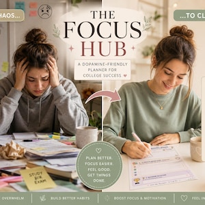 May include: A digital planner titled The Focus Hub, A Dopamine-Friendly Planner for College Success. The image shows a transition from a chaotic desk with papers to a clean workspace where a person writes on a printable A5 planner page.