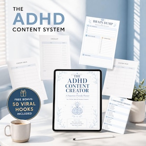 May include: An ADHD Content System planner with a tablet, checklists, and a coffee cup. The tablet displays "The ADHD Content Creator" with a brain and lightbulb graphic. Includes a bonus of 50 viral hooks.