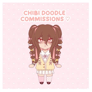 May include: A digital illustration of a chibi character with brown hair in pigtails, wearing a yellow cardigan over a white collared shirt and a skirt. The text CHIBI DOODLE COMMISSIONS is displayed above the character on a light pink heart background.