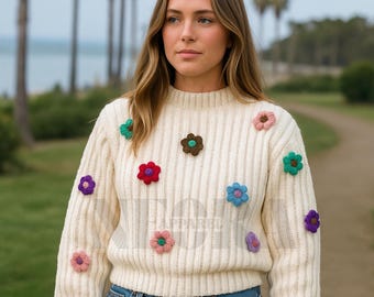 Handmade Floral Cardigan – Chunky Knit Rose Sweater Gift for Her