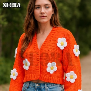 Handmade Daisy Crochet Sweater | 3D Flower Knit Cardigan | Chunky Cotton Daisy Jumper | Women’s Boho Floral Knitwear | Cozy Crochet Sweater