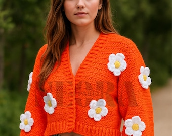 Handmade Daisy Crochet Sweater | 3D Flower Knit Cardigan | Chunky Cotton Daisy Jumper | Women’s Boho Floral Knitwear | Cozy Crochet Sweater