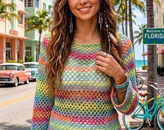 Boho Rainbow Crochet Cotton Top, Loose Knit Beach Cover Up, Summer Festival Shirt