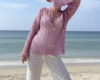 Handgemaakte gehaakte top met opengewerkt mesh-patroon, boho resort trui, lichtgewicht zomertrui, cadeau voor haar
