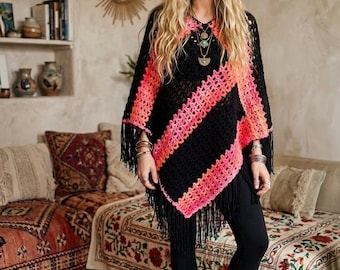 Handmade Crochet Boho Style Poncho With Fringe