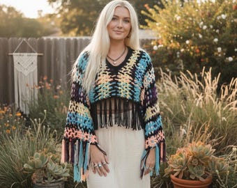 Crochet Handmade Boho Poncho; Size S-XXL