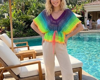 Bohemian Rainbow Crochet Cape, Italian Cotton Beach Cover-Up, Open Sides Kimono