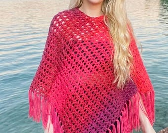 Poncho de ganchillo hecho a mano estilo boho con flecos, talla universal S-3XL