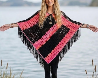 Handmade Crochet Boho Style Poncho With Fringe