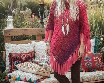 Handmade Crochet Boho Style Poncho With Fringe
