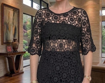 Black Crochet Lace Tunic, Italian Cotton Boho Summer Blouse, Openwork Embroidery Shirt