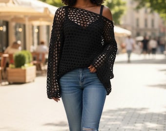 Handgemaakte gehaakte nettrui, opengewerkte mesh pullover top, lange mouwen boho chic trui, casual visnet shirt