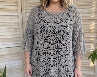 Oversized Plus Size Boho Crochet Tunic – Elegant Hand-Knit Lace Cover-Up