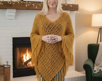 Poncho, Mustard Yellow Crochet Poncho, Women Fringe Cape, Handmade Winter Poncho With Fringe, Boho Pullover Outerwear