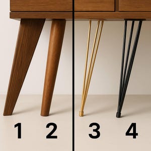 May include: A wooden cabinet with four different leg styles. The legs are numbered 1 through 4. Legs 1 and 2 are wooden, while legs 3 are gold metal and legs 4 are black metal.