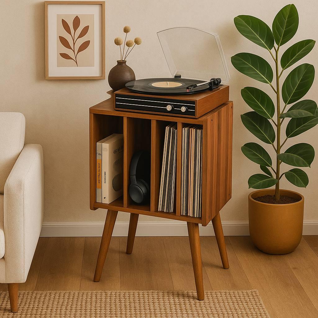ミッドセンチュリーモダン木製レコードプレーヤースタンド - レコード