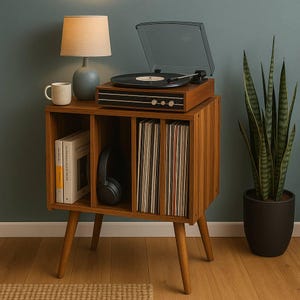 Mid Century Modern Wooden Record Player Stand – Vinyl Storage Cabinet, Turntable Station, Record Shelf
