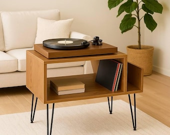 Moderne platenspelerstandaard uit het midden van de eeuw – hardhouten platenspeler met opbergruimte voor vinylplaten, platenkast