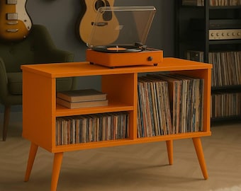 Supporto per giradischi con mobiletto portaoggetti - Arredamento moderno per la collezione di vinili - Opzioni di colore personalizzate