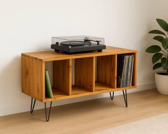 Large Vinyl Record Player Stand - Natural Wood Handmade Turntable Console with LP Storage - Mid Century Wood Furniture Cabinet - Custom Size