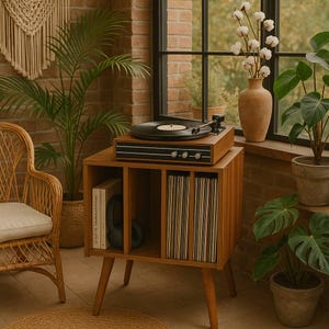 May include: A wooden record player sits atop a matching wooden cabinet with open storage. The cabinet holds vinyl records and books. The room is decorated with plants, a wicker chair, and a macrame wall hanging. The record player has a black turntable and silver accents.