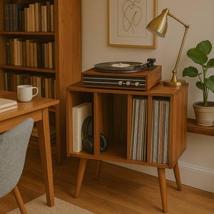 May include: A wooden record player and storage cabinet with a gold lamp and a potted plant. The cabinet has a turntable on top and space for vinyl records. A white mug sits on a wooden table.