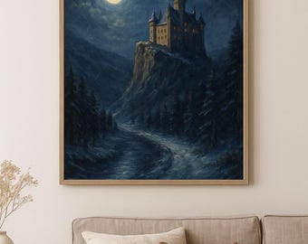 Lámina de castillo invernal a la luz de la luna / Paisaje gótico fantástico (descarga digital)