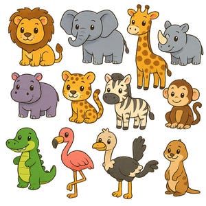Puede incluir: Ilustración colorida de animales de safari de dibujos animados. Incluye un león, un elefante, una jirafa, un rinoceronte, un hipopótamo, un leopardo, una cebra, un mono, un cocodrilo, un flamenco, un avestruz y un suricato.