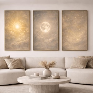 Celestial väggkonst set | Minimalistisk sol, måne, konstellationer (digital nedladdning)