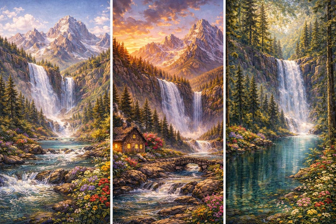 Waterfall Landscape Wall Art Set of 3 | Mountain & Forest Paintings ...