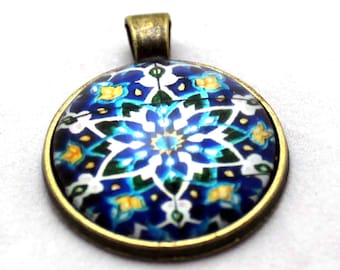 Blue Turkish Mosaic Necklace  -  Glass Brass necklace