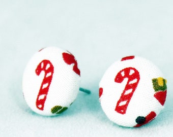 Handmade Fabric Button Christmas Candy Cane Earrings - Holiday Theme Earrings -Fabric Covered Button Earrings