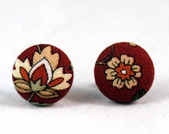 Handmade Fabric Button Earrings Red Flower Earrings - Flower Theme Earrings -Fabric Covered Button Earrings