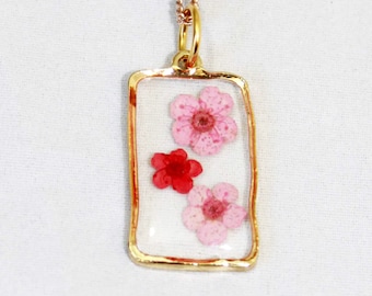 Pressed Pink and Red Flower Necklace