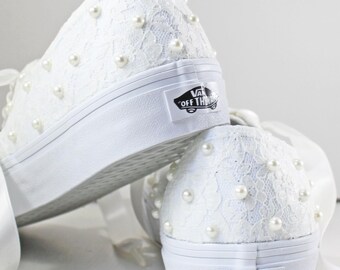 Handmade Ivory or Champagne Lace and Pearl Vans  --Lace Vans -- Wedding Tennis shoes  - Wedding Vans