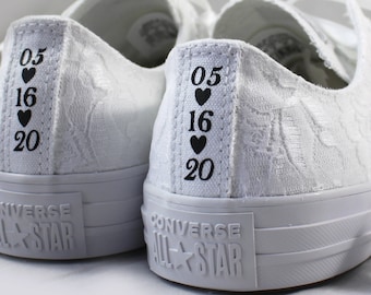 White Lace Wedding Converse Custom Text -White Lace Bridal Converses --Custom Lace Converse -- Wedding Tennis shoes