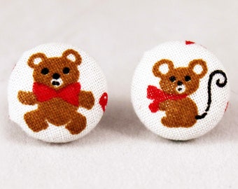 Handmade Fabric Button Christmas Critter Earrings - Holiday Theme Earrings -Fabric Covered Button Earrings