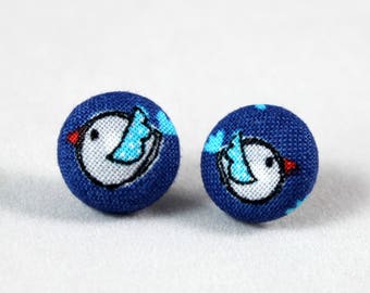 Handmade Fabric Button Earrings Blue Bird Earrings - Little Bird Theme Earrings -Fabric Covered Button Earrings