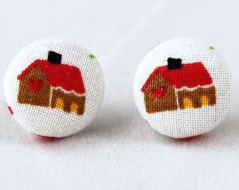 Handmade Fabric Button Christmas Gingerbread House Earrings - Holiday Theme Earrings -Fabric Covered Button Earrings