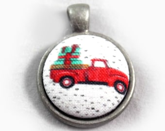 Red Christmas Truck Fabric Button Pendant Necklace