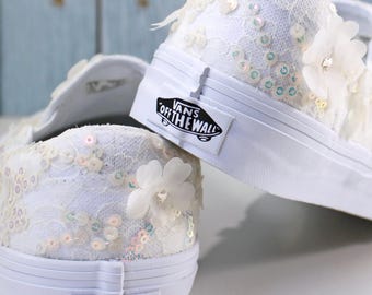 3D Sequin Lace Bridal Vans Wedding Shoes – Ivory Slip-On Bride Sneakers, Comfortable Wedding Day Flats, Custom Lace Vans for Brides Rachelle