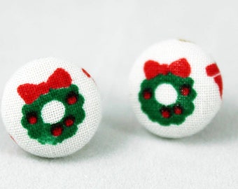 Handmade Fabric Button Christmas Wreath Earrings - Holiday Theme Earrings -Fabric Covered Button Earrings