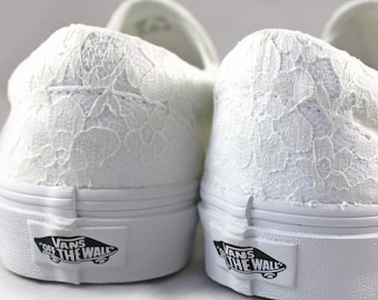Lace Bridal Vans Wedding Shoes – Ivory or White Slip-On Bride Sneakers, Comfortable Wedding Day Flats, Custom Lace Vans for Brides Rachelle