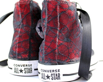 Black Lace High Top Converses Handmade--Red Bridal Converses  -Dark Side Wedding Converse High Top-- Custom Converses