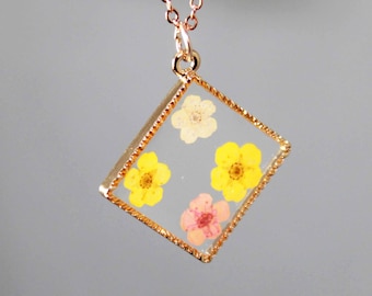 Pressed Pink and Yellow Diamond Flower Necklace