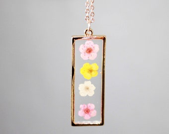 Pressed Pink and Yellow Rectangle Flower Necklace