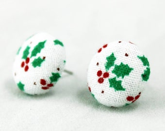 Handmade Fabric Button Christmas Earrings Holly Earrings - Holiday Theme Earrings -Fabric Covered Button Earrings