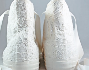 Ivory Bridal Converses High Top Egret Ivory Lace  -- Ivory Converse -- Wedding Tennis shoes  - Wedding Converse